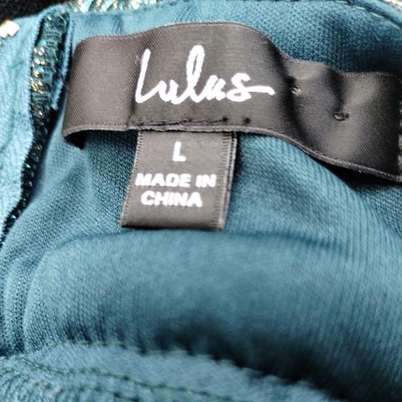 Lulu's Ailey Gold And Teal Metallic Twist Back Skater Dress Size L - Picture 4 of 4